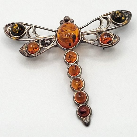 Dragonfly Bug Insect Pin Brooch Silver 925 Amber Gems Poland Estate 2" - Picture 2 of 9